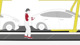 Animiertes Bild von einem Arbeiter in einer Auto-Produktionsstraße